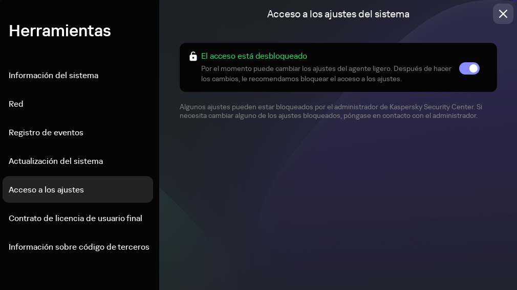 Captura de pantalla la sección "Acceso a los ajustes".