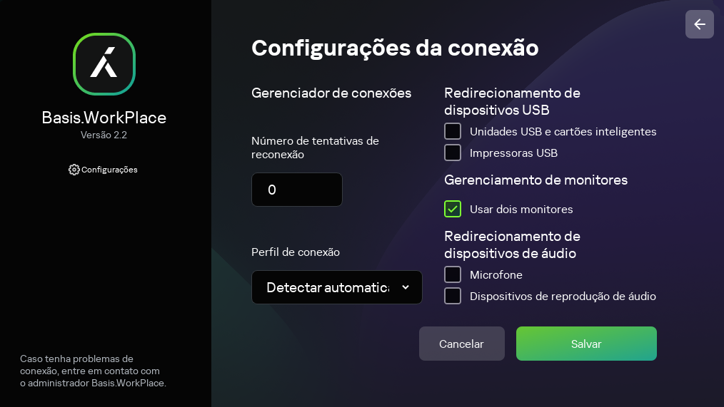 Janela para configurar uma conexão com um ambiente remoto Basis.WorkPlace.