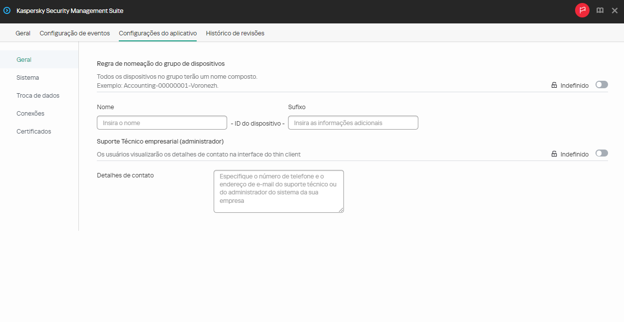 Janela para configurar as principais configurações de um grupo de dispositivos por meio do Web Console.
