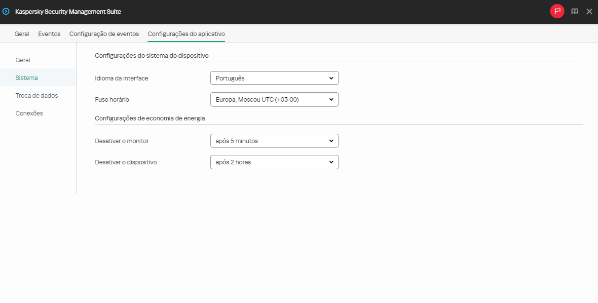 Captura de tela da definição das configurações do sistema para um dispositivo.