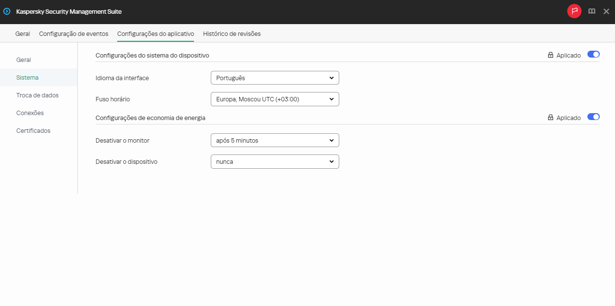 Captura de tela da definição das configurações do sistema para um grupo de dispositivos.