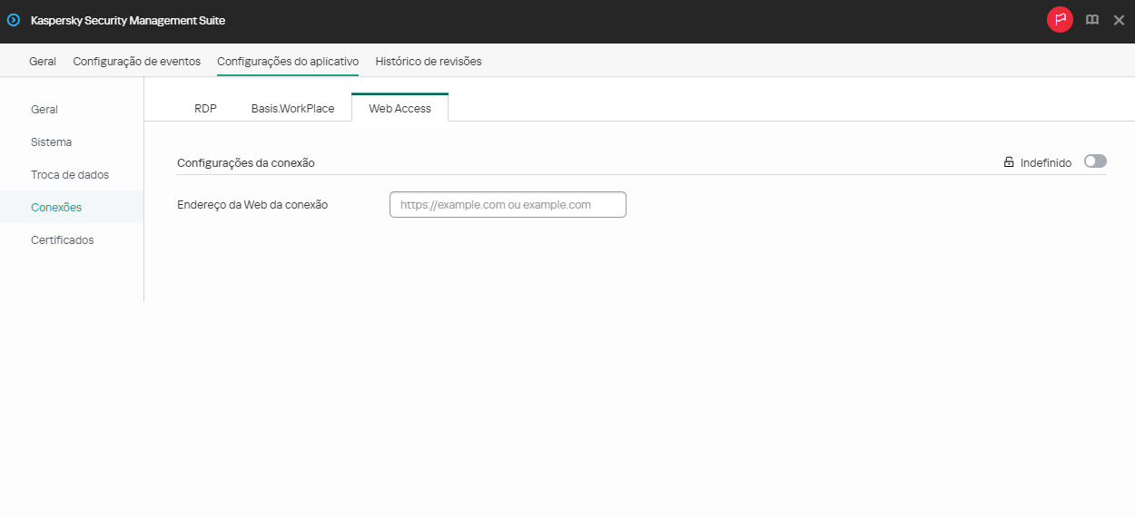 Captura de tela da janela de configuração para conexão com um ambiente remoto no Web Access usando o Web Console.