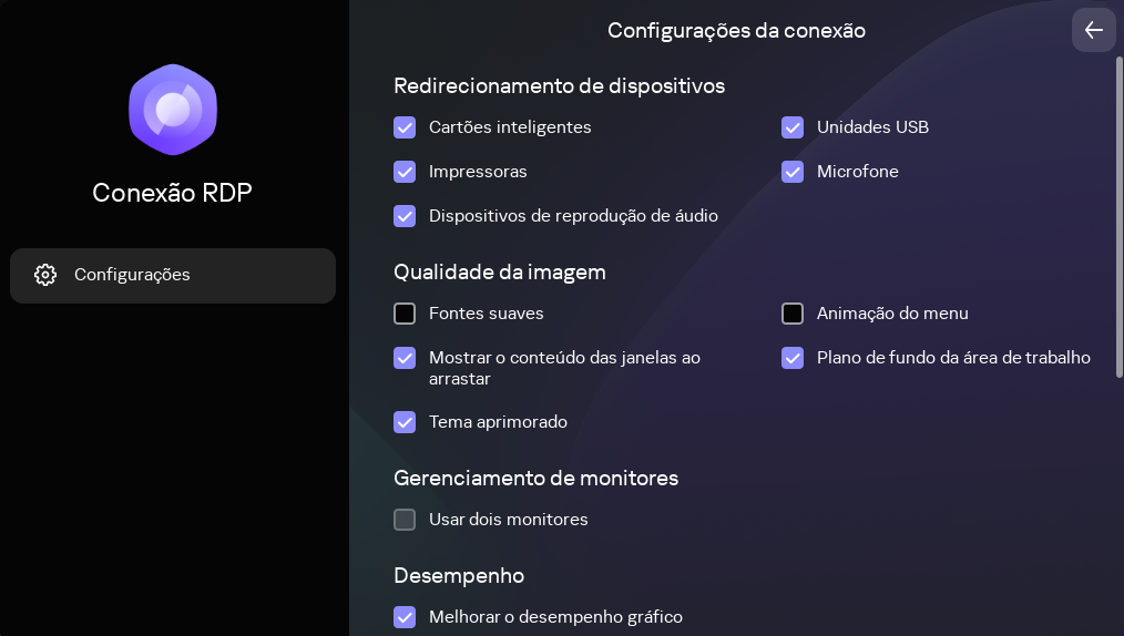Janela para definir as configurações para conexão com um desktop remoto por RDP.