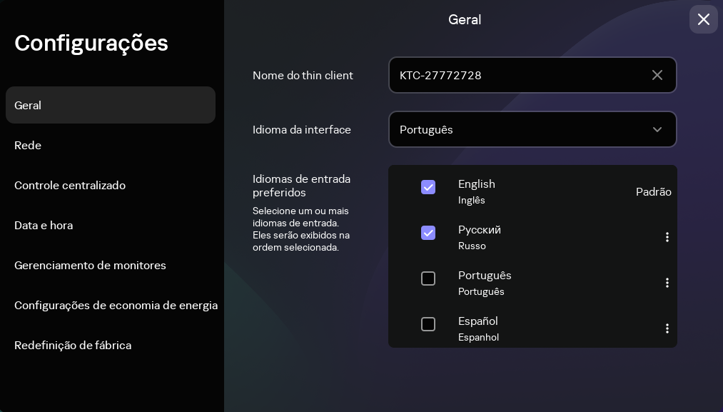 Captura de tela da seção Geral na janela Configurações.