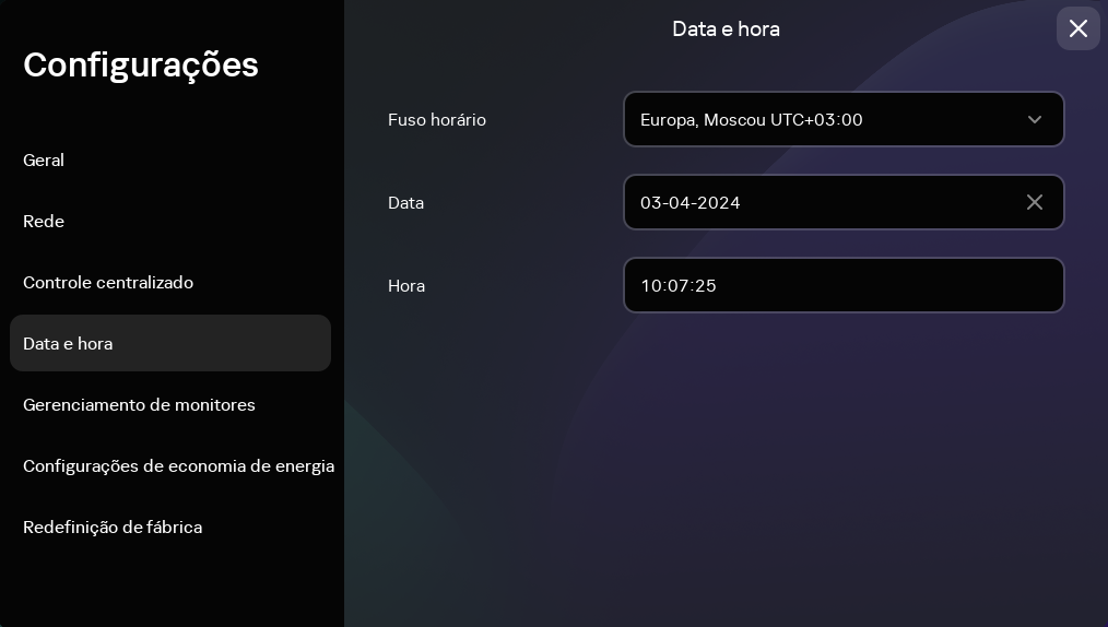 Captura de tela da seção "Data e hora".