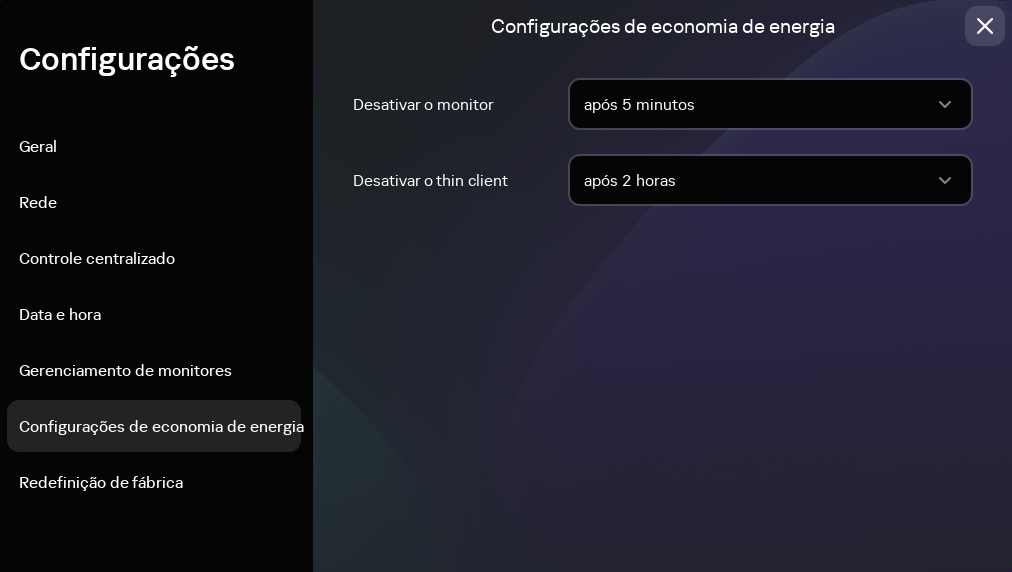 Captura de tela da seção "Configurações de economia de energia".