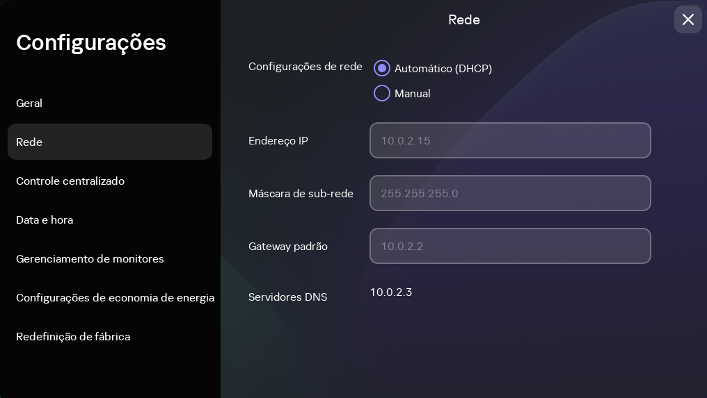 Seção de captura de tela da seção "Rede".