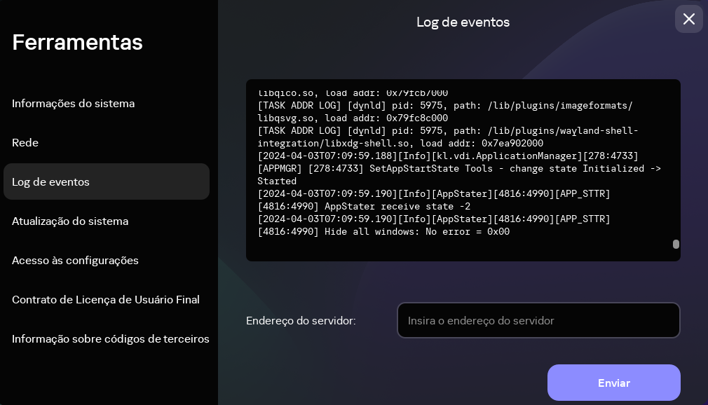 Captura de tela da seção "Log de eventos".