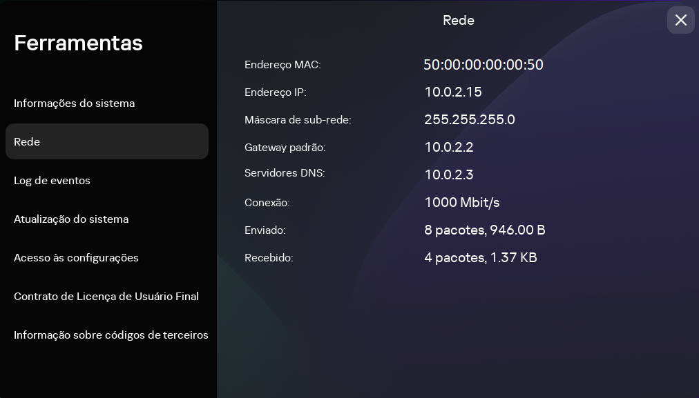 Seção de captura de tela da seção "Rede".