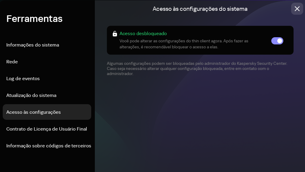 Captura de tela da tela da seção "Acesso às configurações".