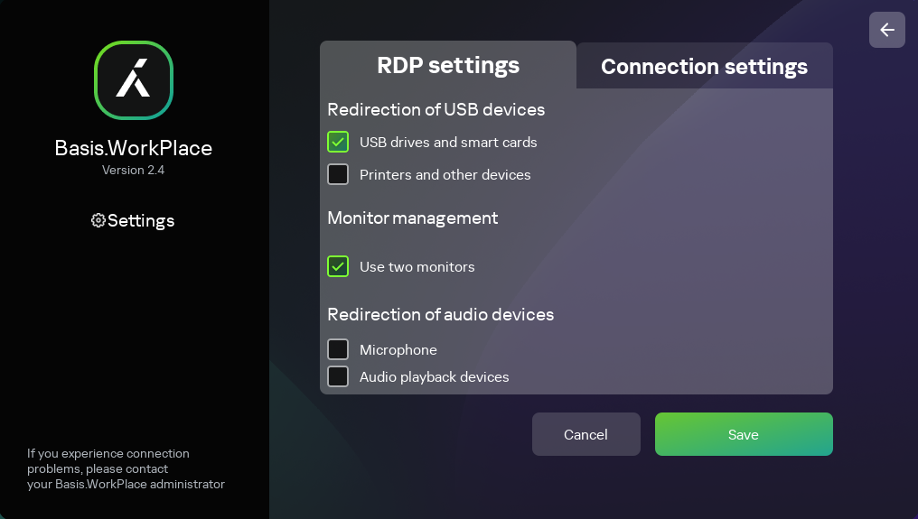 Screenshot of the window for configuring an RDP connection to a remote environment in the Basis.WorkPlace infrastructure.
