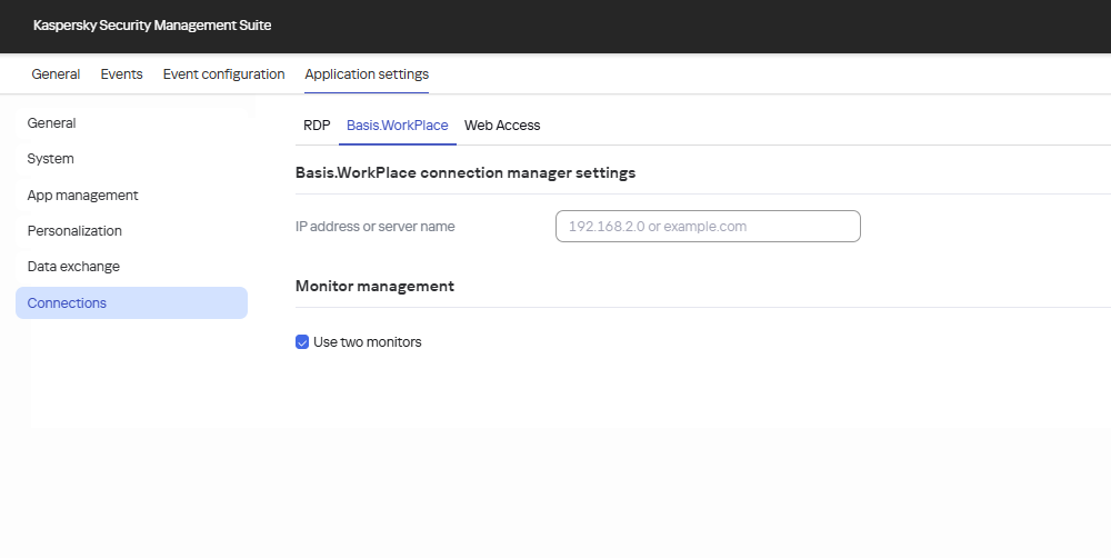 Screenshot of the window for configuring a connection to a remote environment in the Basis.WorkPlace application for one device via the Web Console.