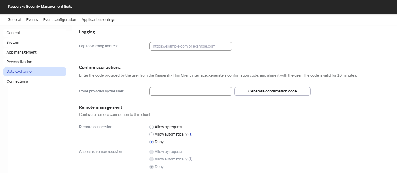 Screenshot of the window for configuring forwarding of Kaspersky Thin Client logs via the Web Console for one device.