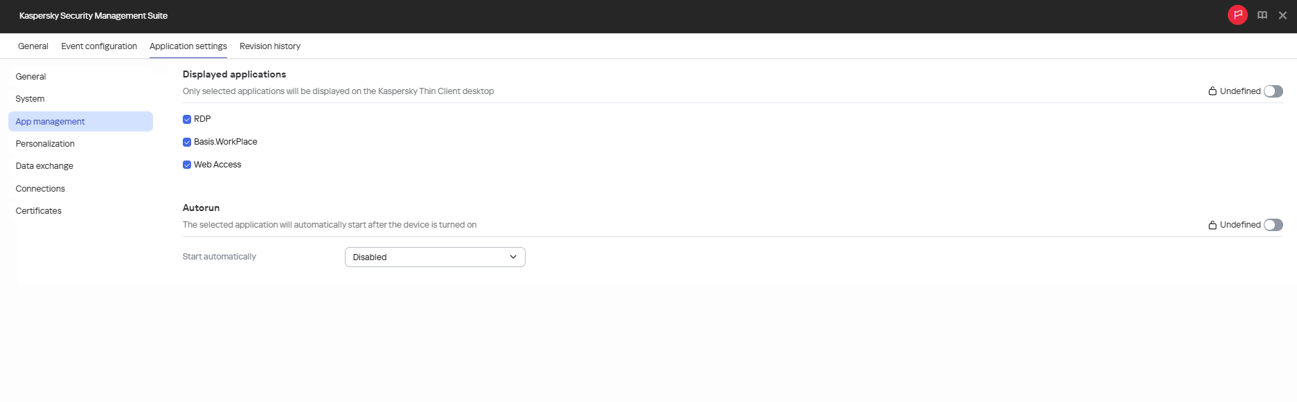 Screenshot of the window for configuring automatic startup and display of applications for devices in an administration group via the Web Console.