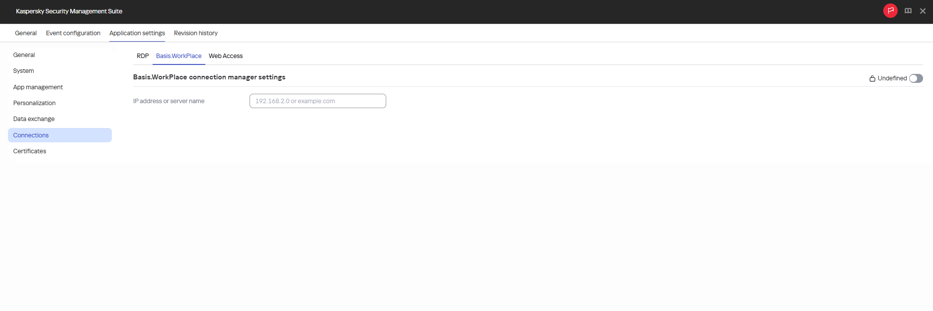 Screenshot of the window for configuring a connection to a remote environment in the Basis.WorkPlace application for devices in an administration group via the Web Console