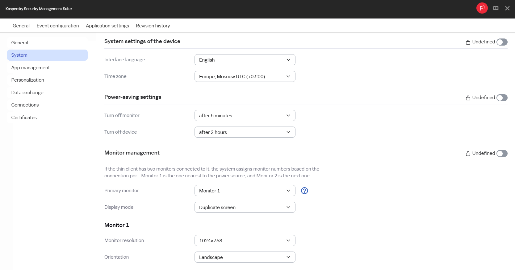 Screenshot for configuring the system settings for thin clients in an administration group via the Web Console.