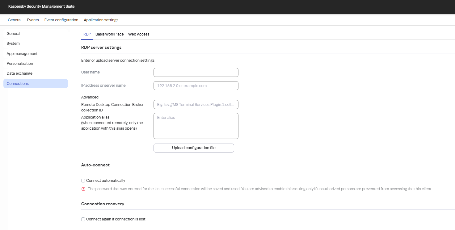 Screenshot of the window for configuring the connection to a remote environment in the RDP application for one device via the Web Console.