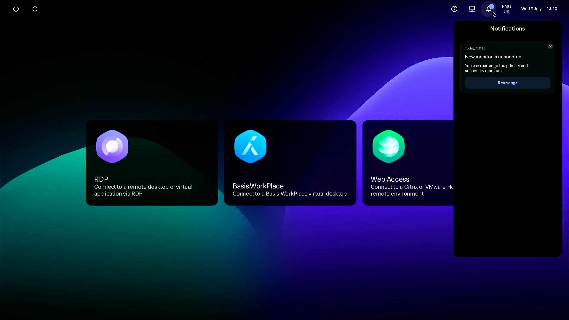 Screenshot of the Kaspersky Thin Client desktop with the opened notifications panel.