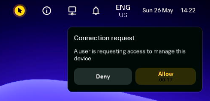 Screenshot of the Kaspersky Thin Client desktop window showing a request for a remote connection to a thin client.