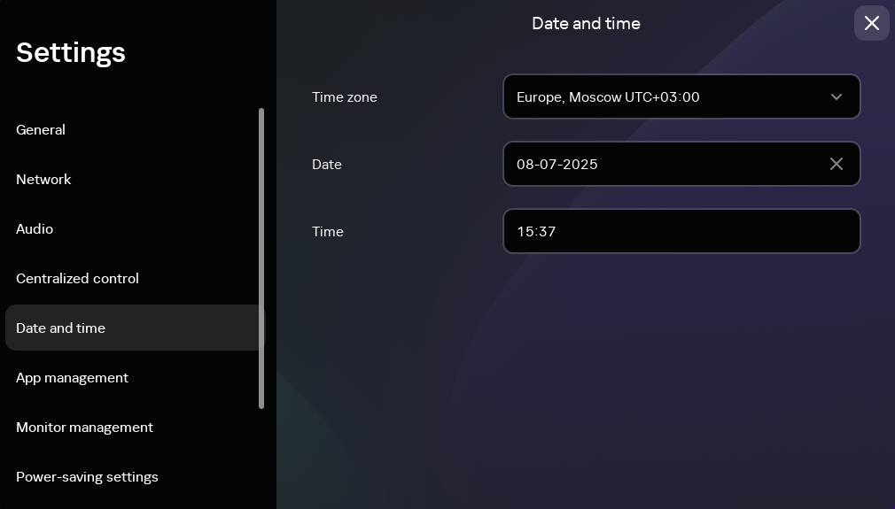 Screenshot of the window for setting the date and time in the Kaspersky Thin Client interface.