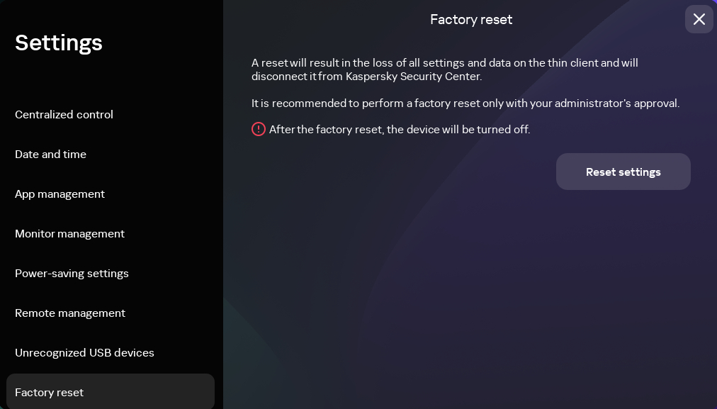 Screenshot of the device factory reset window in the Kaspersky Thin Client interface.