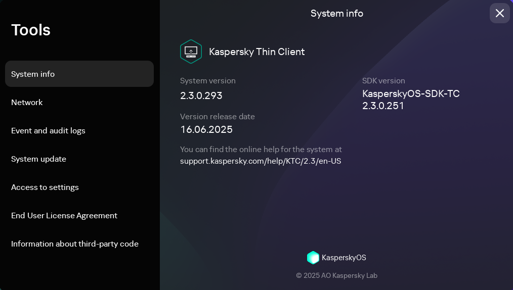 Screenshot of the window with information about Kaspersky Thin Client