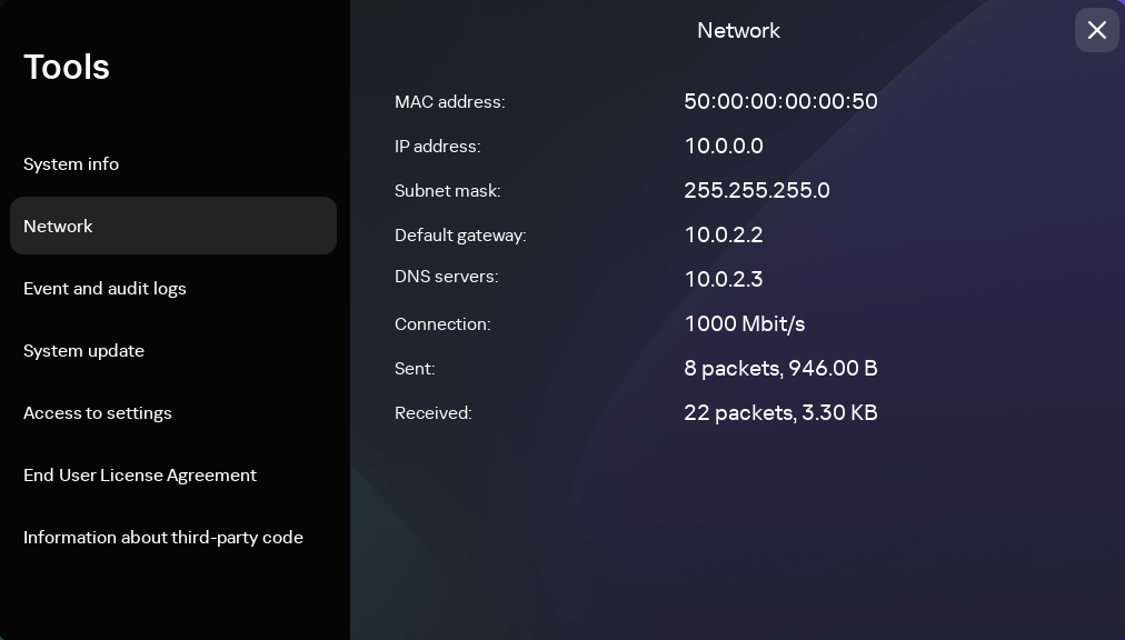 Window for configuring network settings.