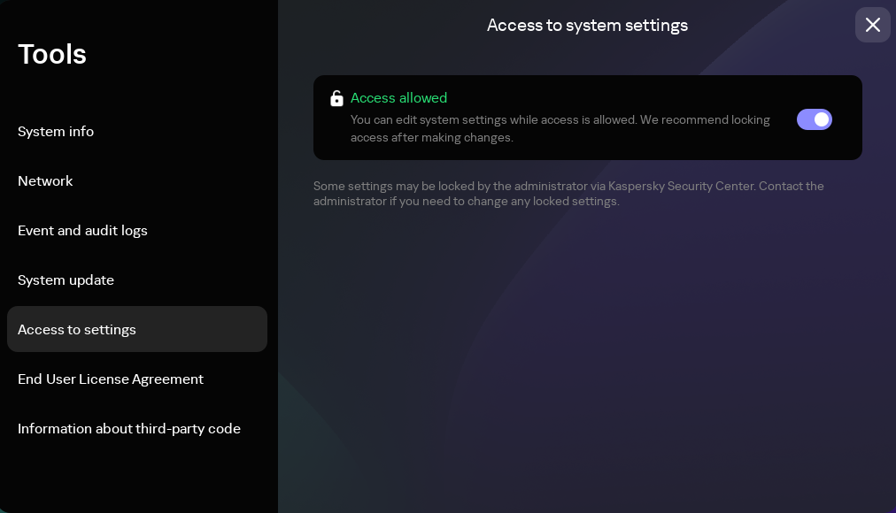 Screenshot of the window for configuring access to Kaspersky Thin Client settings.