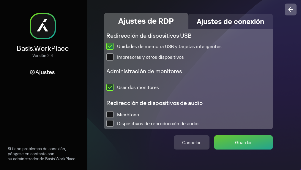 Captura de pantalla de la ventana para configurar una conexión RDP a un entorno remoto en la infraestructura Basis.WorkPlace.