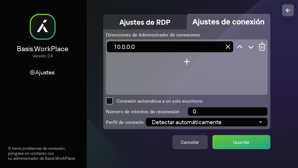 Captura de pantalla de la ventana para configurar una conexión a un entorno remoto geodistribuido en la infraestructura Basis.WorkPlace.
