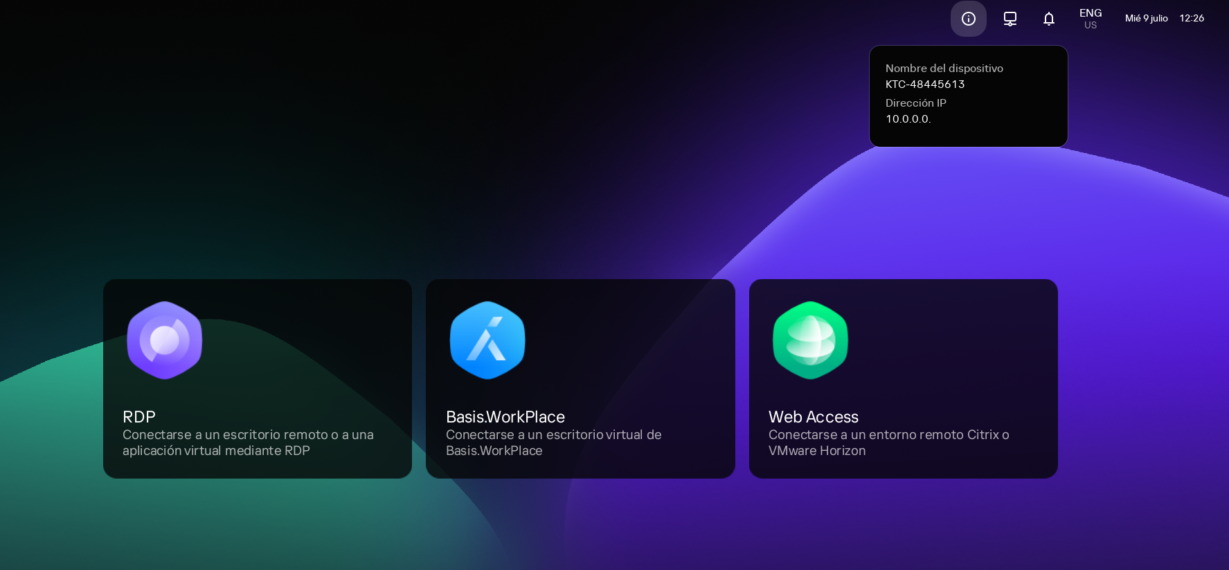 Captura de pantalla del escritorio del cliente ligero donde está abierta la ventana de información del cliente ligero. La ventana muestra el nombre y la dirección IP del dispositivo.