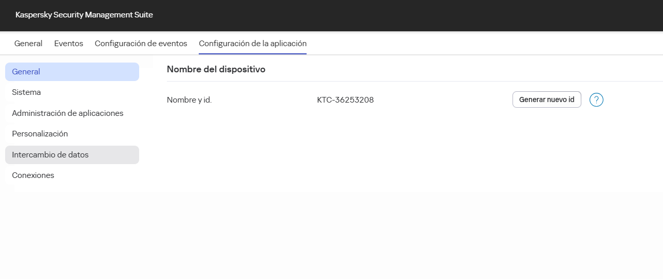 Captura de pantalla de la ventana de Web Console que muestra los ajustes del id. del dispositivo.