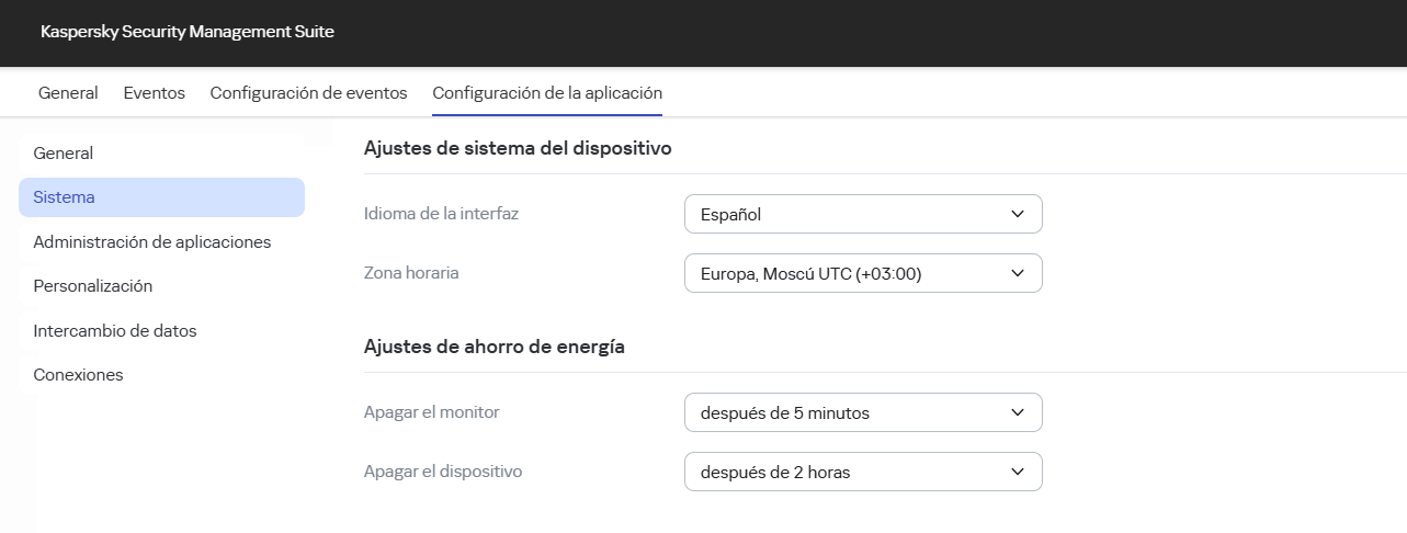 Captura de pantalla de la ventana para configurar los ajustes de sistema de Kaspersky Thin Client de un dispositivo mediante Web Console.