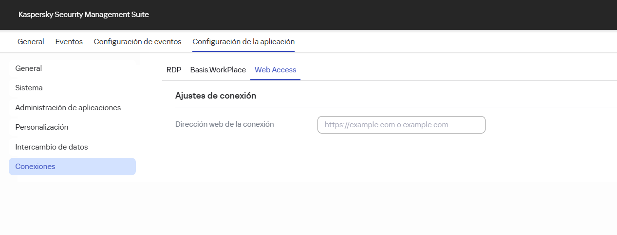 Captura de la ventana de configuración para conectarse a un entorno remoto en Web Access a través de Web Console.