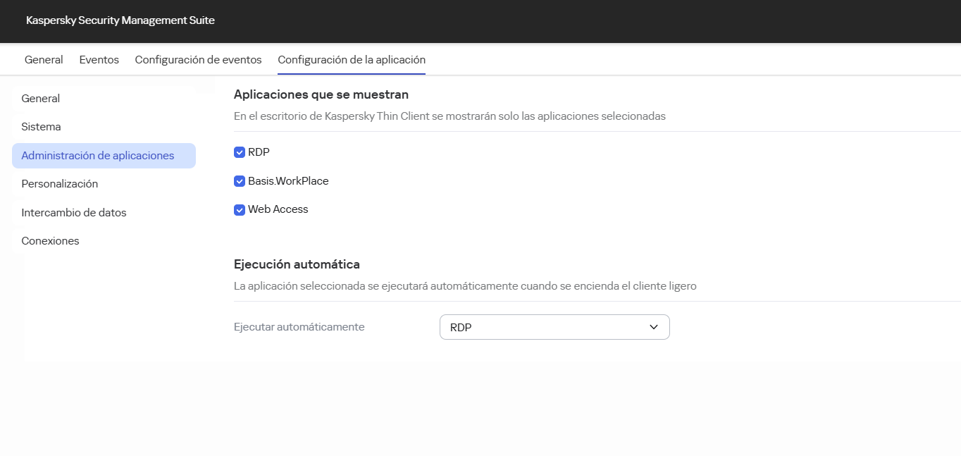 Captura de pantalla de la ventana de configuración de administración de la aplicación.