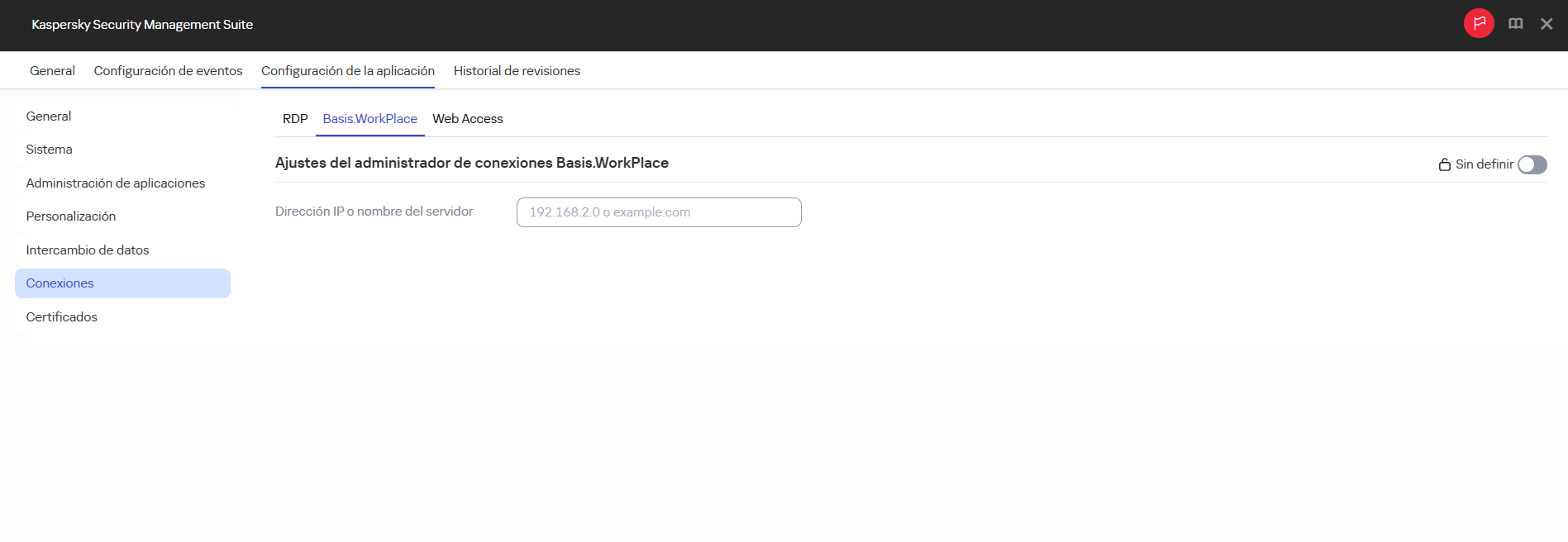 Captura de pantalla de la ventana para configurar una conexión a un entorno remoto en la aplicación Basis.WorkPlace para dispositivos de un grupo de administración desde Web Console.