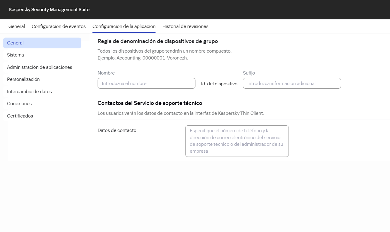 Captura de pantalla de la ventana para configurar los ajustes principales para clientes ligeros en un grupo de administración a través de Web Console.