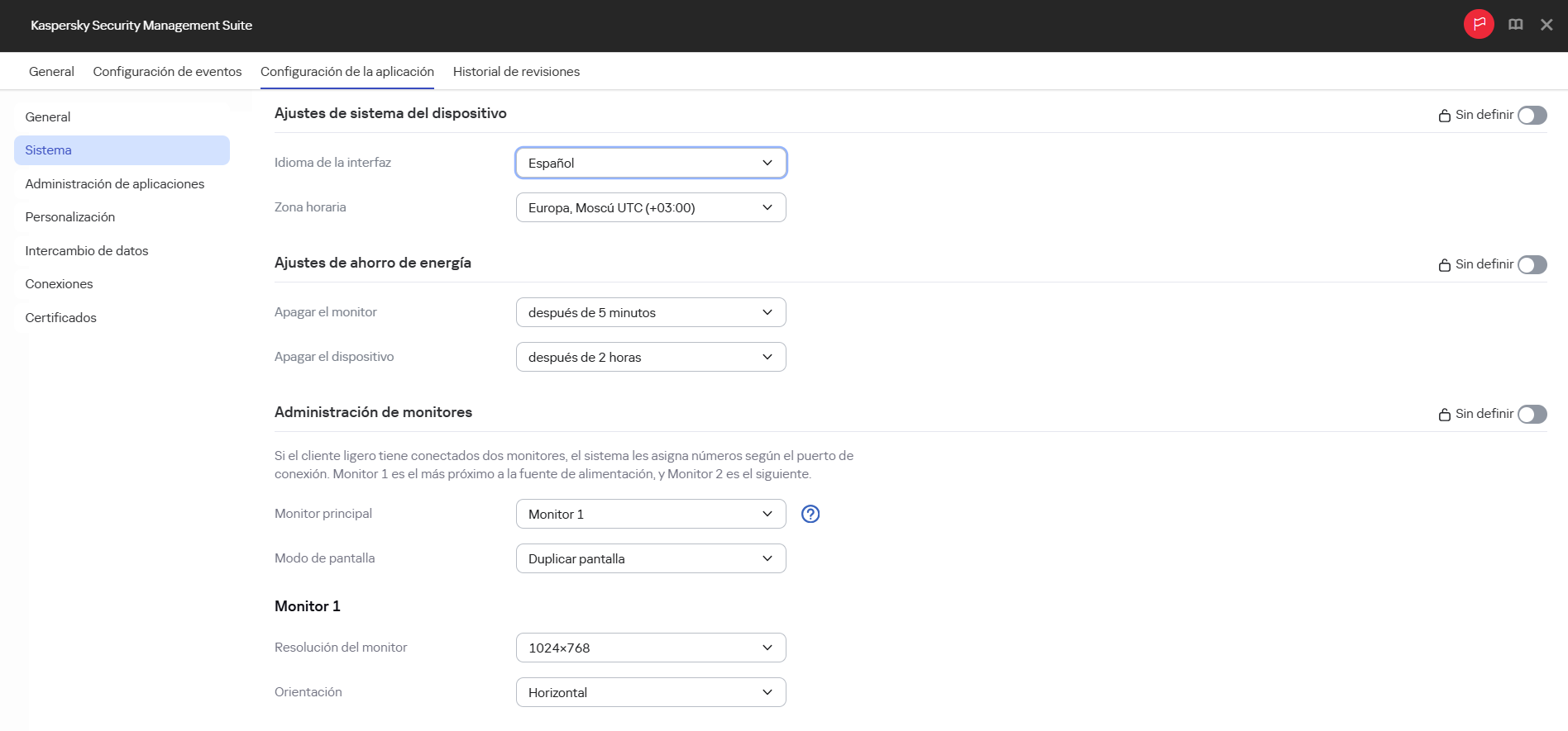 Captura de pantalla de la ventana para configurar monitores de dispositivos en un grupo de administración mediante Web Console.
