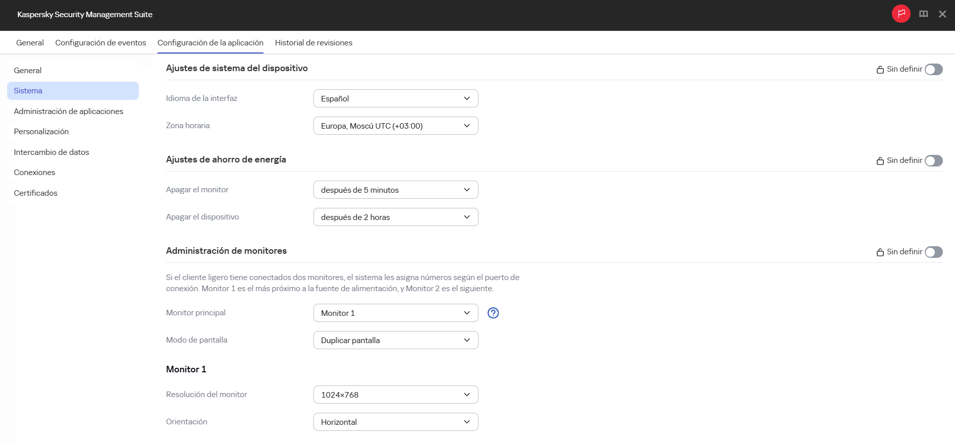 Captura de pantalla de la ventana para configurar los ajustes de sistema para clientes ligeros en un grupo de administración mediante Web Console.