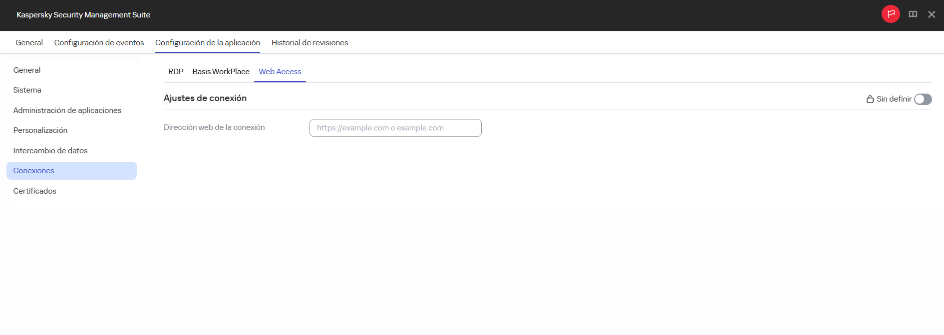 Captura de pantalla de la ventana para configurar una conexión a un entorno remoto en la aplicación Web Access para dispositivos de un grupo de administración mediante Web Console.