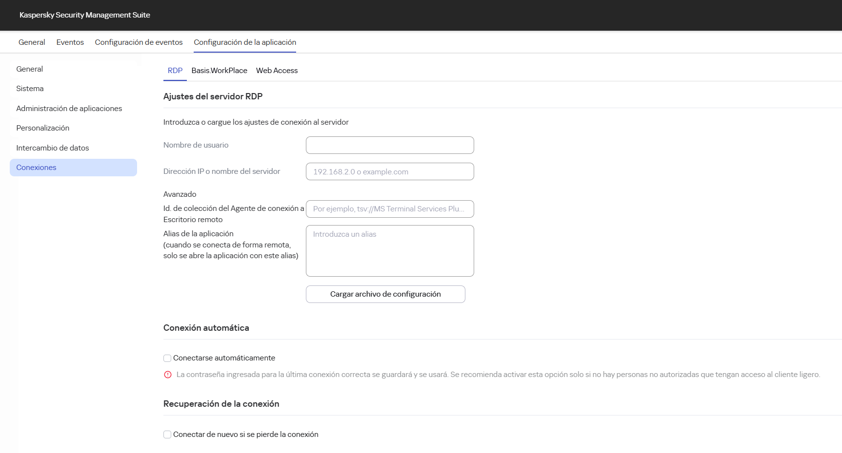 Captura de pantalla de la ventana para configurar la conexión a un entorno remoto en la aplicación RDP a través de Web Console