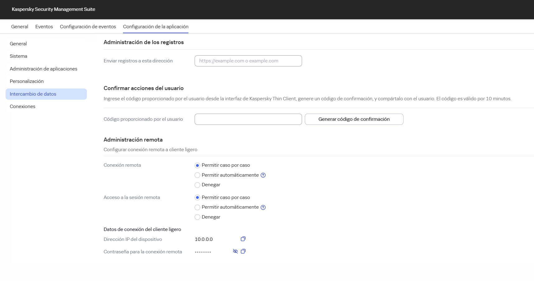 Captura de pantalla de la ventana de configuración de administración remota para un dispositivo en Web Console.