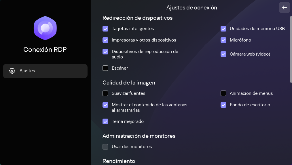 Captura de pantalla de la ventana de configuración de la conexión en la aplicación RDP.