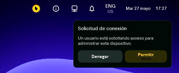 Captura de pantalla de la ventana del escritorio de Kaspersky Thin Client que muestra una solicitud de conexión remota a un cliente ligero.