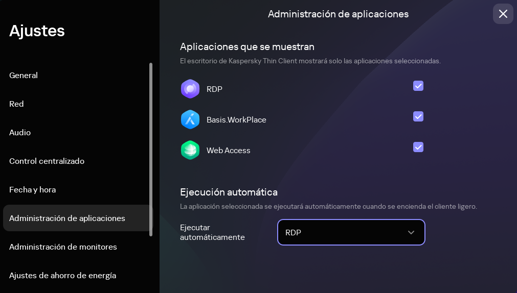 Captura de pantalla de la ventana de configuración de la aplicación y el inicio automático.
