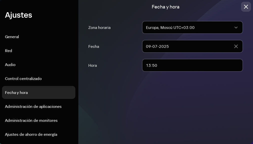 Captura de pantalla de la ventana para configurar la fecha y la hora en la interfaz de Kaspersky Thin Client.
