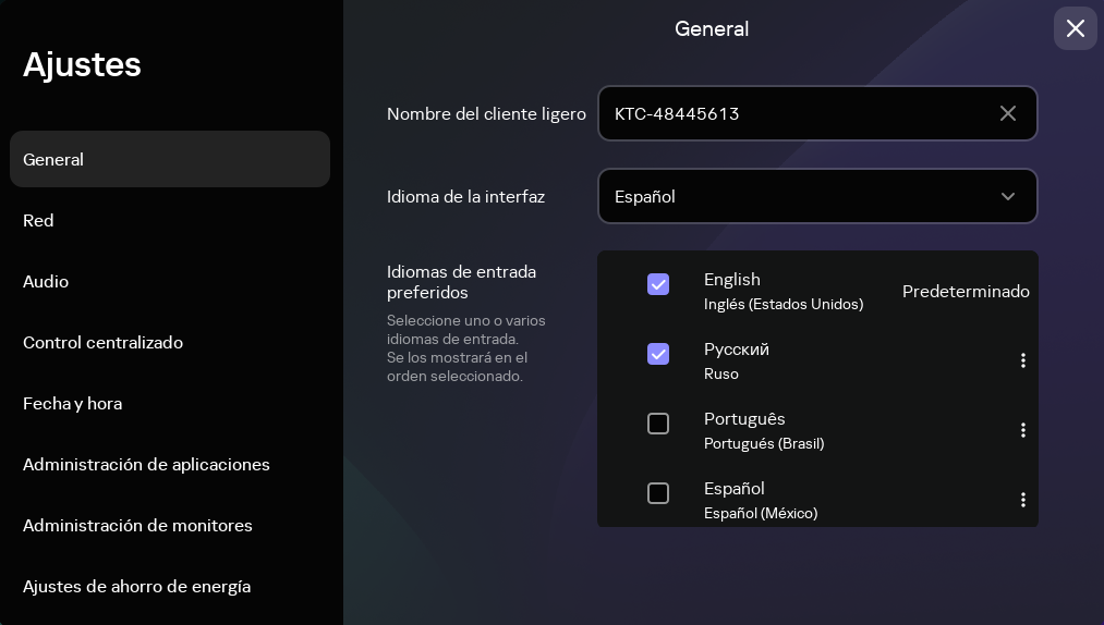 Captura de pantalla de la ventana para configurar los ajustes generales de Kaspersky Thin Client.