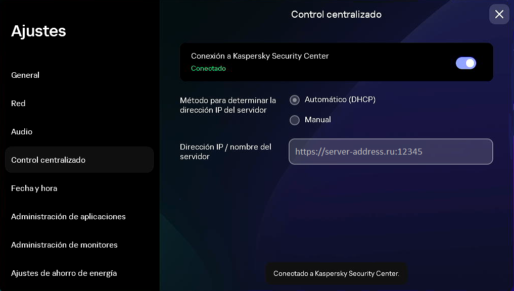 Captura de la ventana para configurar una conexión entre Kaspersky Thin Client y Kaspersky Security Center