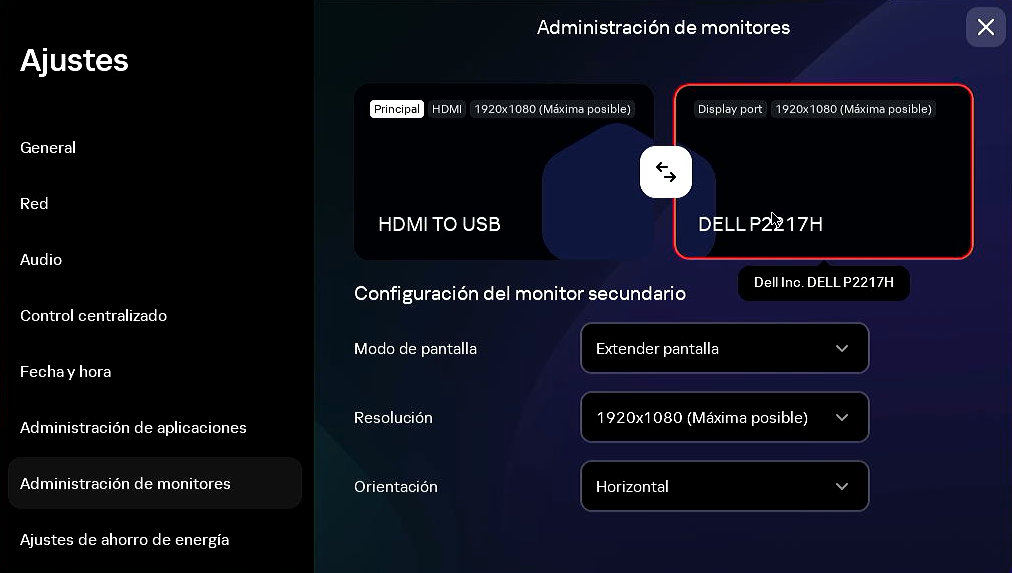 Configuración de monitores y parámetros de pantalla.