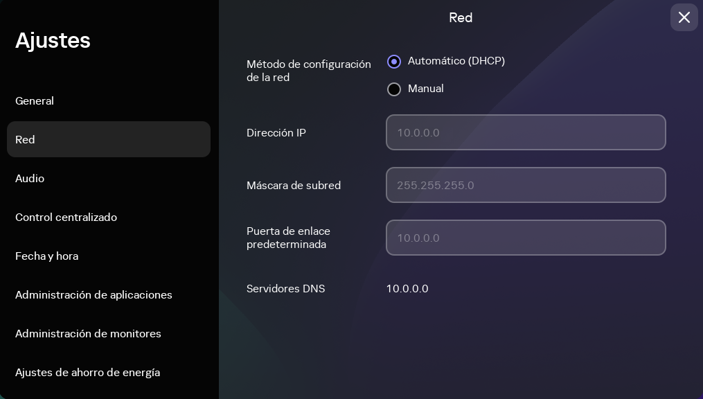 Captura de pantalla de la ventana de configuración de red de Kaspersky Thin Client.